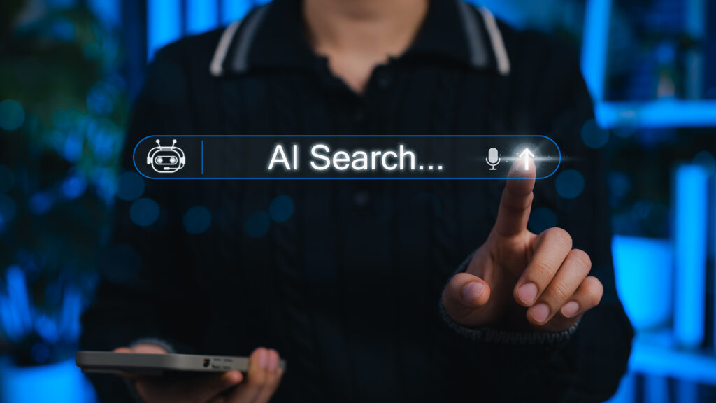 AI search engine technology concept. Woman interacts with search bar AI Search representing artificial intelligence, chatbot, data cloud, global connectivity and future search engine innovation. AEO, GEO,
